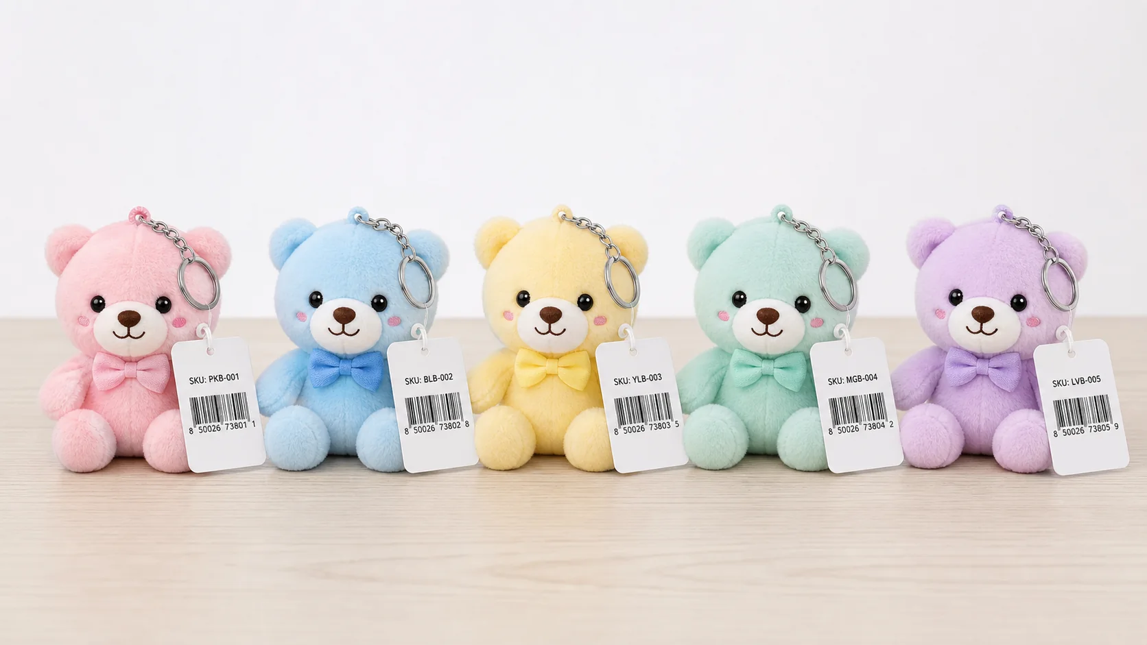five color variants of custom plush bear mascots with individual barcode hangtags