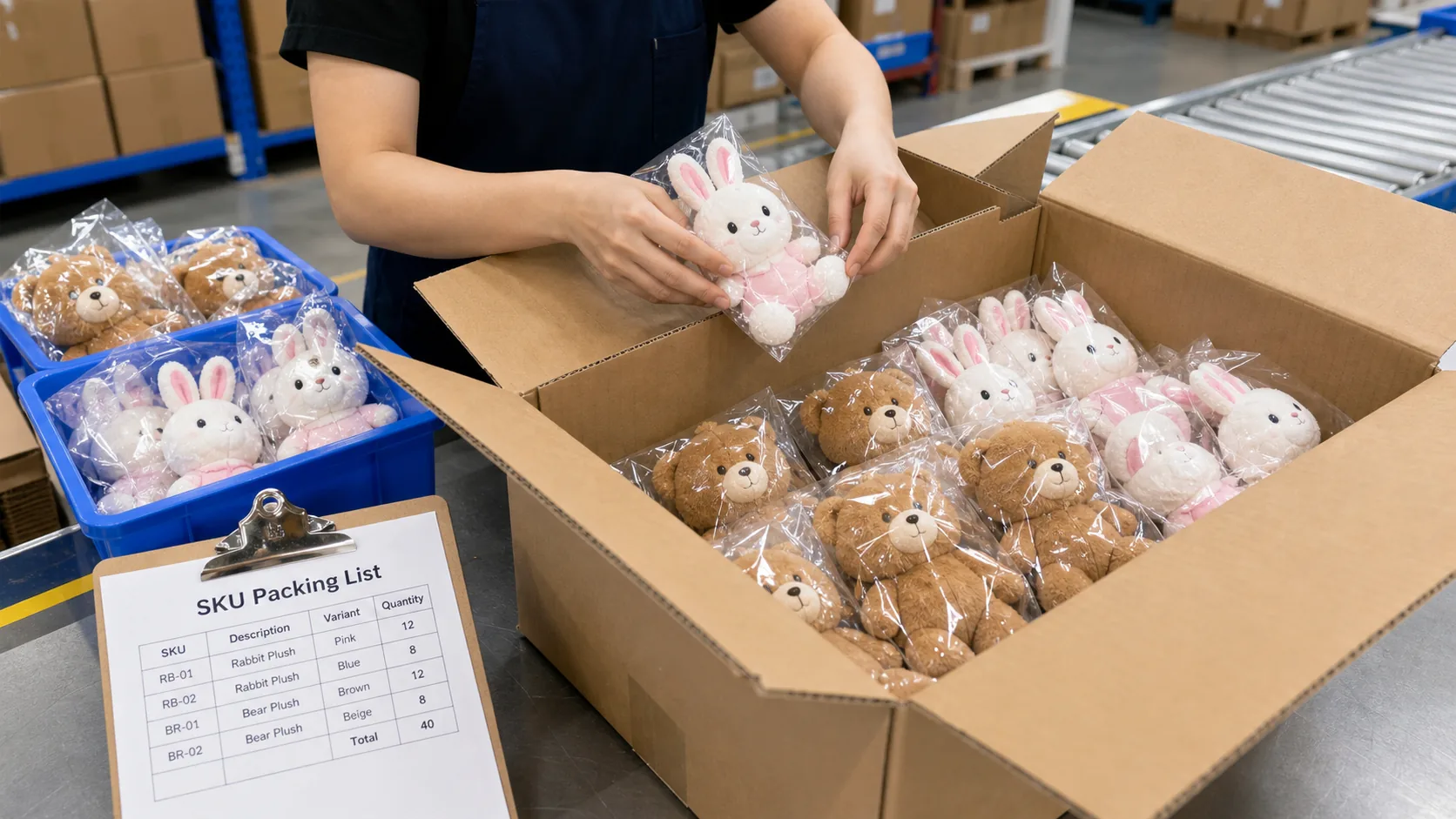 worker packing different plush SKUs into one carton according to a SKU packing list