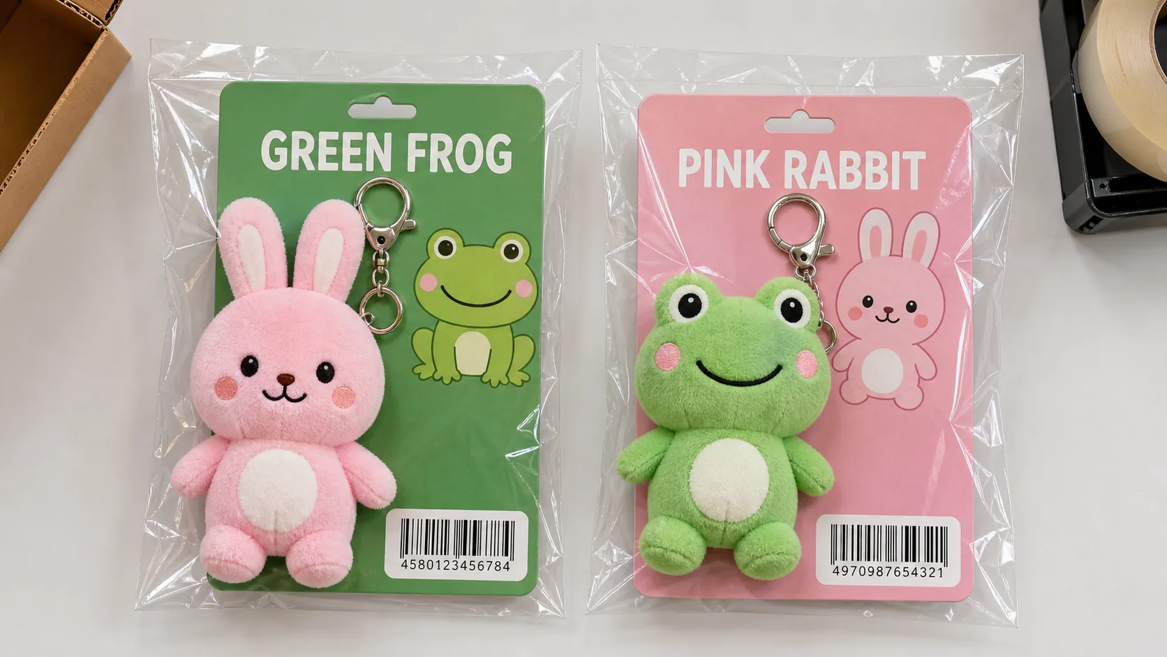 pink rabbit and green frog plush mascots packaged with each other's backing cards and barcodes