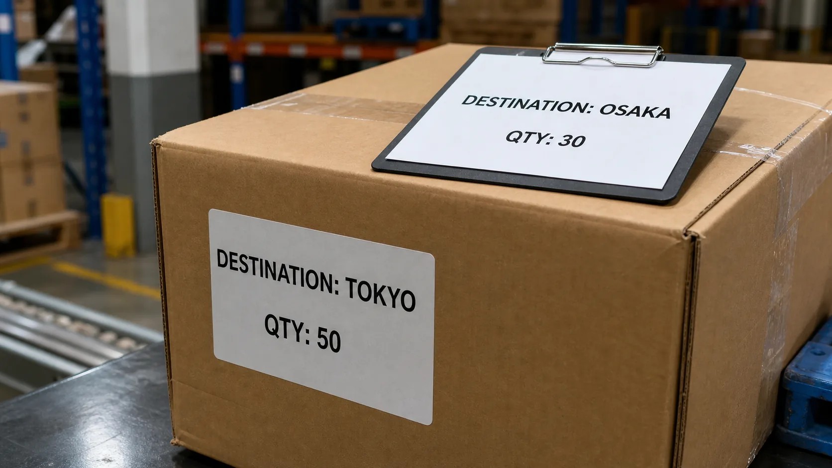 carton label for Tokyo quantity 50 conflicting with a packing slip for Osaka quantity 30
