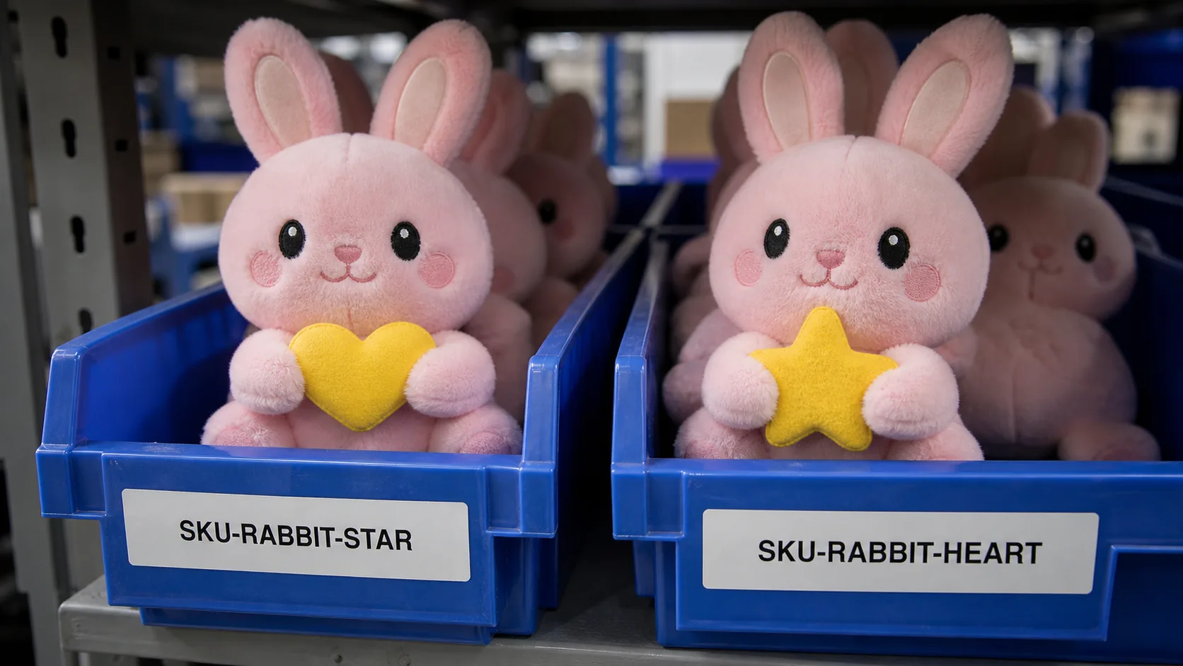heart-holding rabbit mistakenly placed in a storage bin labeled SKU-RABBIT-STAR