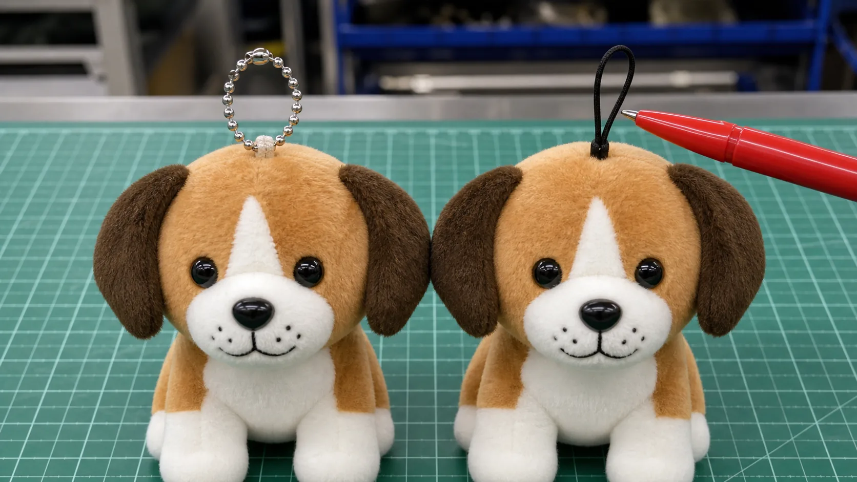 one plush dog still using an old thin cord while the other uses the updated metal ball chain