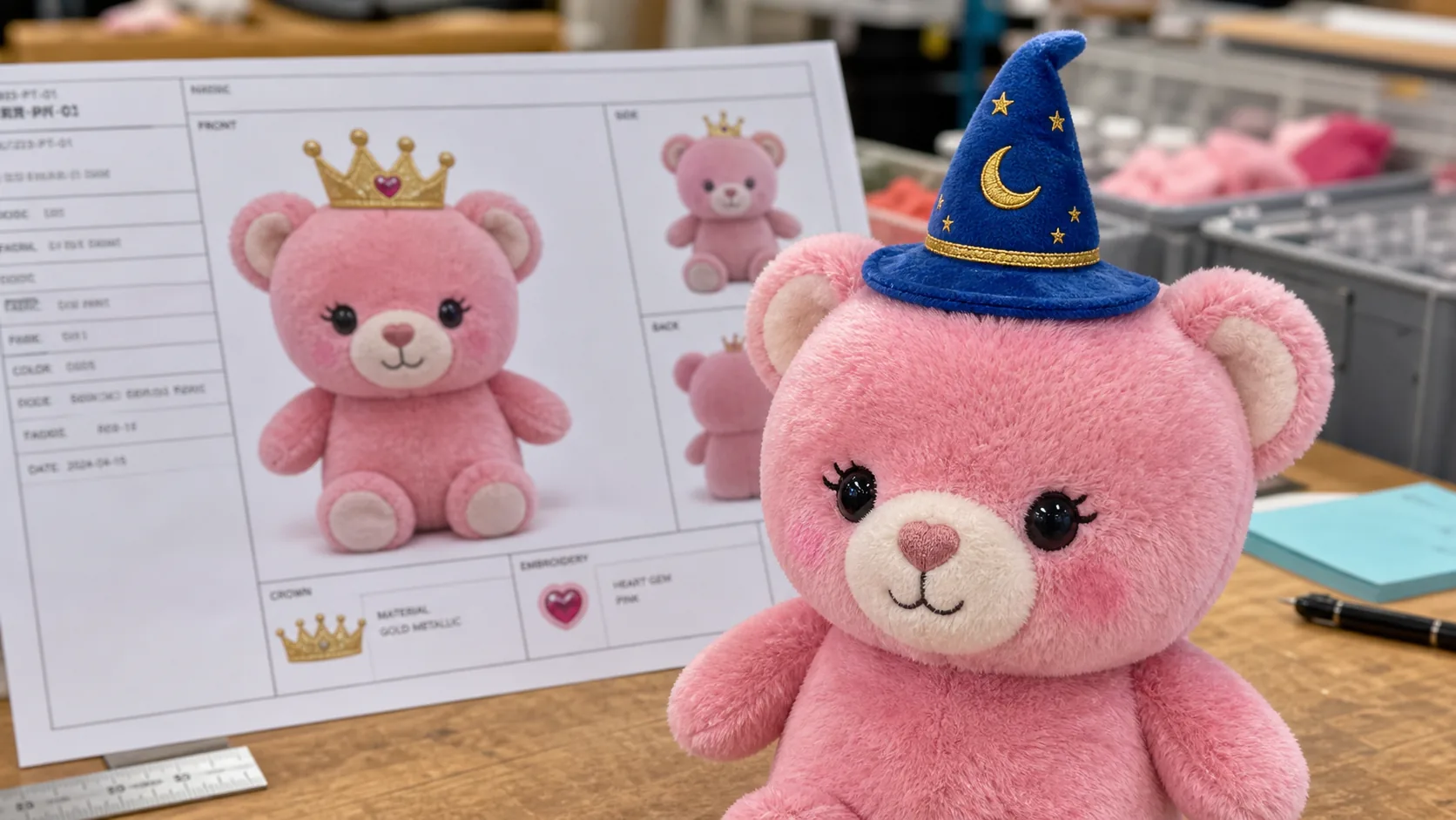 pink bear plush fitted with another SKU's blue wizard hat instead of its approved gold crown