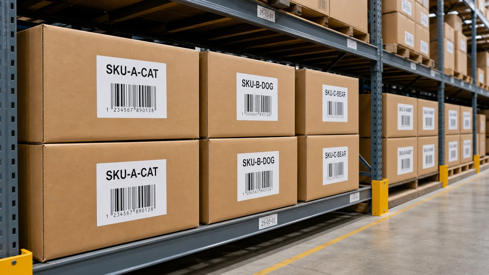 warehouse racks holding cartons separated by plush SKU labels and barcodes