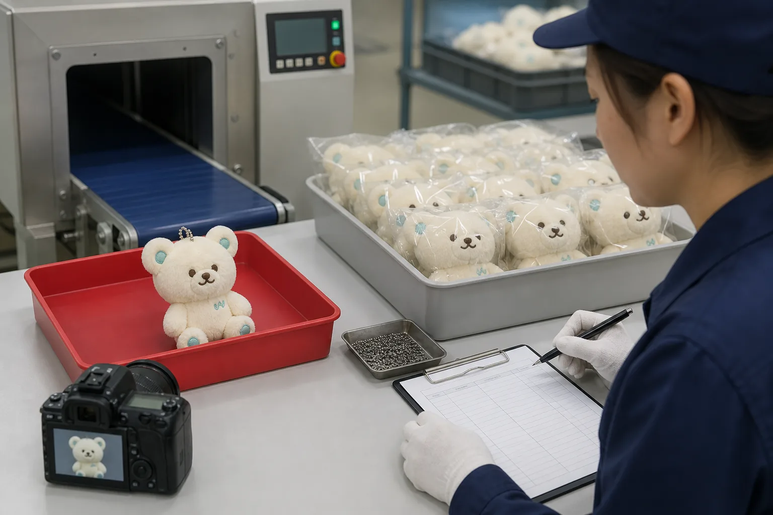 Responding plush items isolated in a quarantine tray for cause review and reinspection
