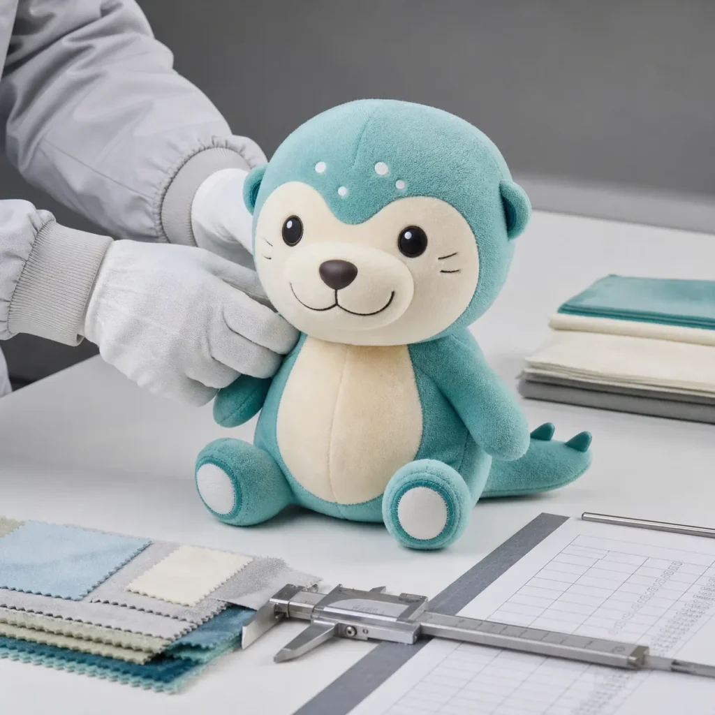 オリジナルぬいぐるみOEM工場で生地・縫製・寸法を確認する品質検品イメージ