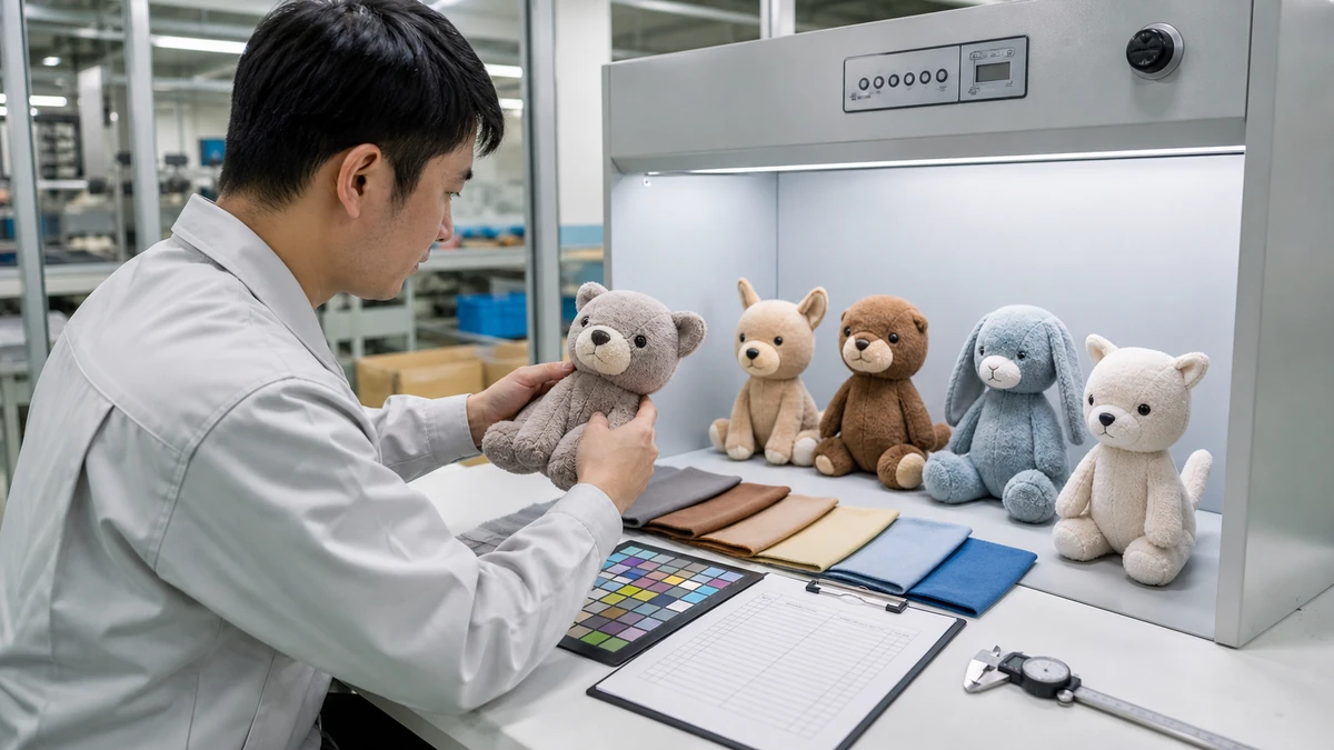 D65 color assessment during a plush OEM supplier audit Inspector comparing plush prototypes and fabric swatches under a D65 light box during a supplier audit