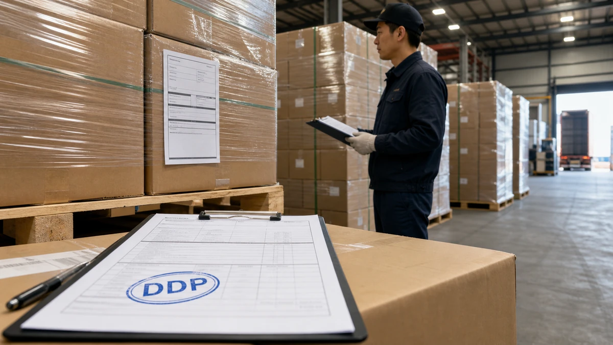 DDP customs clearance and domestic delivery preparation for plush OEM orders Warehouse pallets and shipping documents used to confirm DDP customs and domestic delivery terms for plush OEM orders