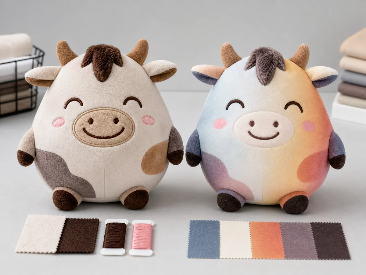 ぬいぐるみのプリントと刺繍の比較 同じオリジナルぬいぐるみで刺繍と昇華プリントの表現差を比較