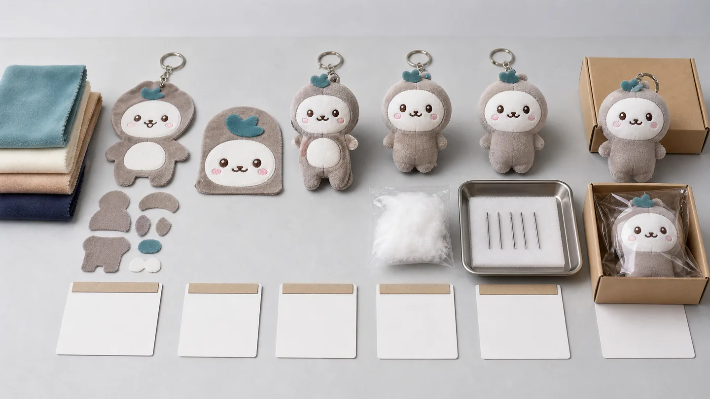 Plush OEM production timeline with cutting pieces, embroidered panels, stuffing sample, needle inspection tray, and packing checklist