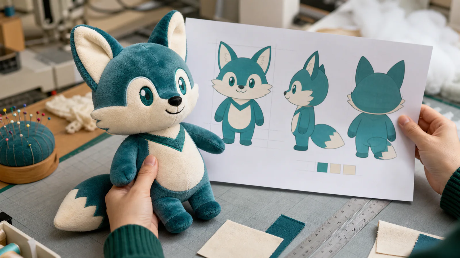 ぬいぐるみ試作の物理サンプル監修 ぬいぐるみ試作サンプルを三面図と比較するデザイナーの手元