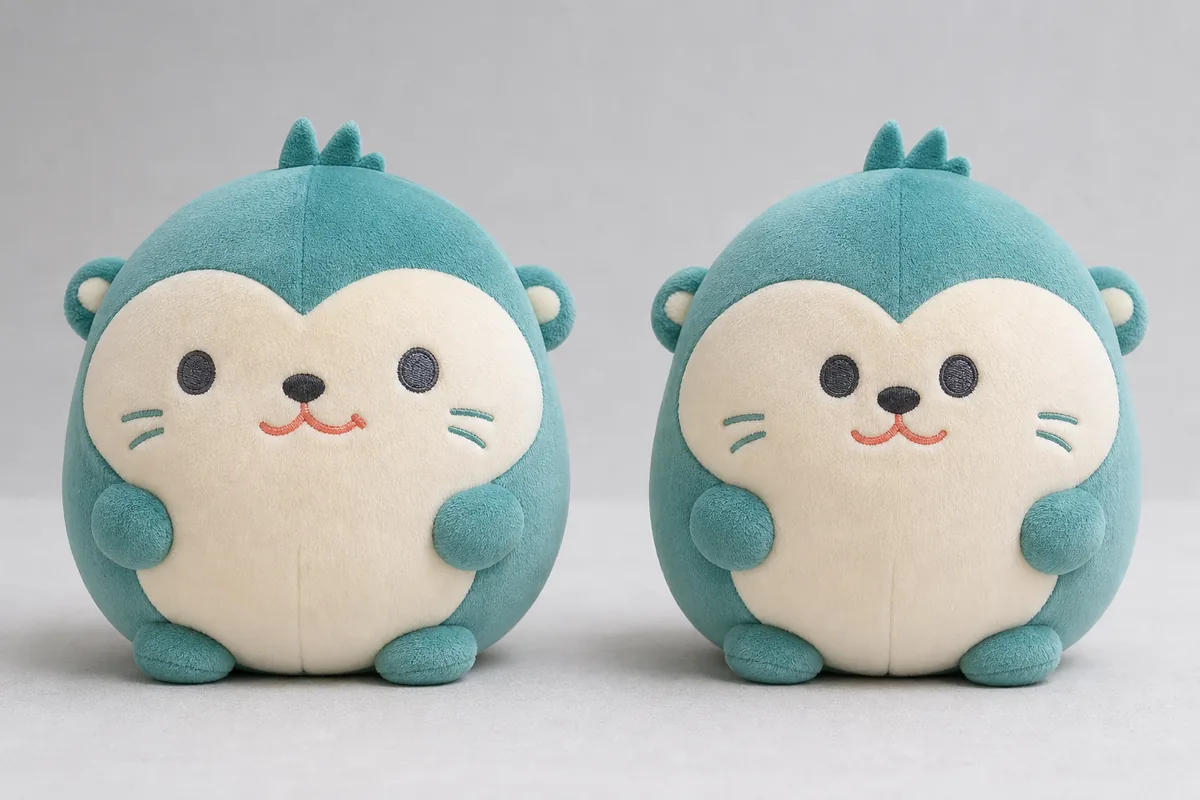 目の間隔と口刺繍を修正した同一ぬいぐるみサンプルの比較
