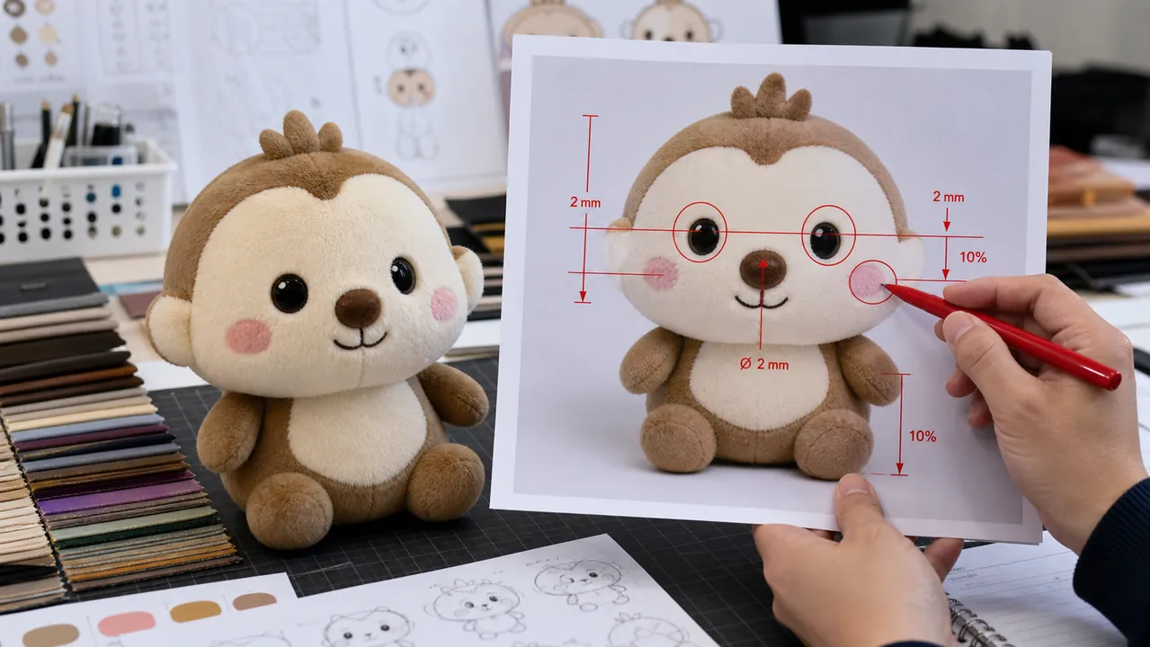 数値化したぬいぐるみサンプルの赤入れフィードバック ぬいぐるみサンプル写真に目位置2mmとサイズ10%の赤入れを行う修正指示