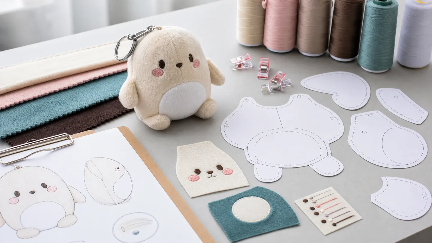 Plush OEM sample development fee and pattern making desk with prototype, paper patterns, fabric swatches, and embroidery threads