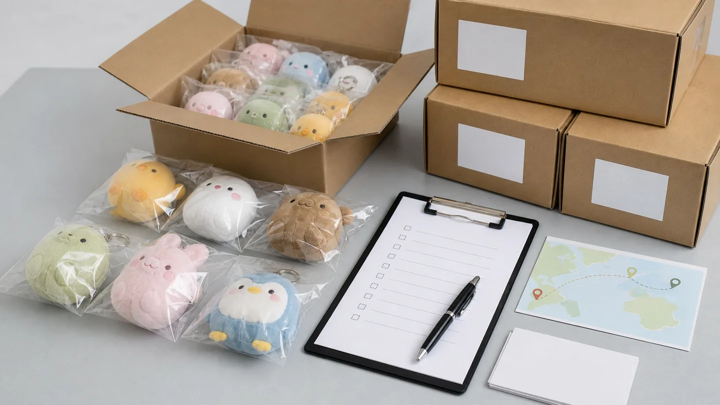 Plush keychain packaging and international shipping cost review with individual bags, cartons, and blank shipment checklist