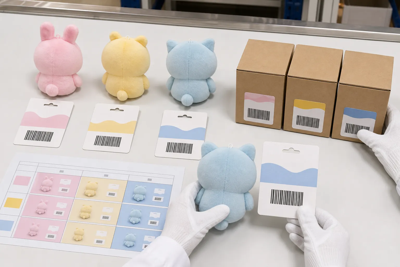 custom plush product backing card bag and carton matched to one SKU and GTIN master