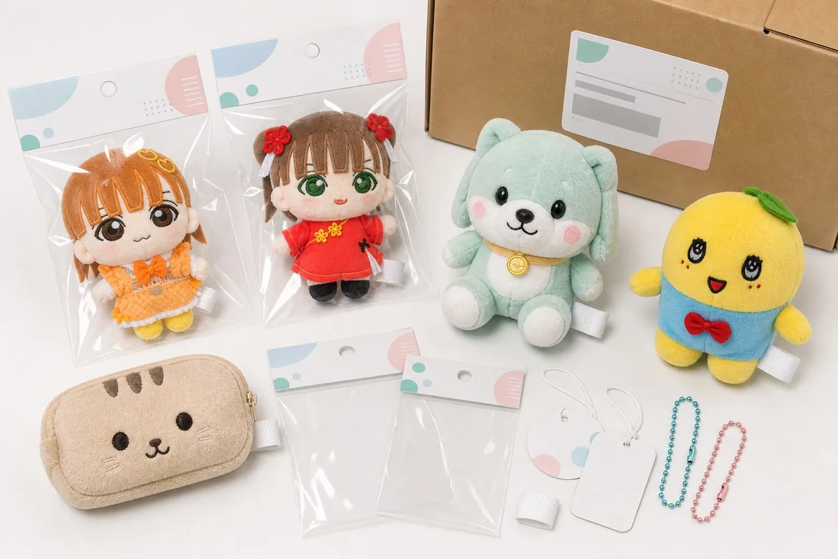 ぬいぐるみ小ロット案件のOPP包装 タグ 金具 カートン例