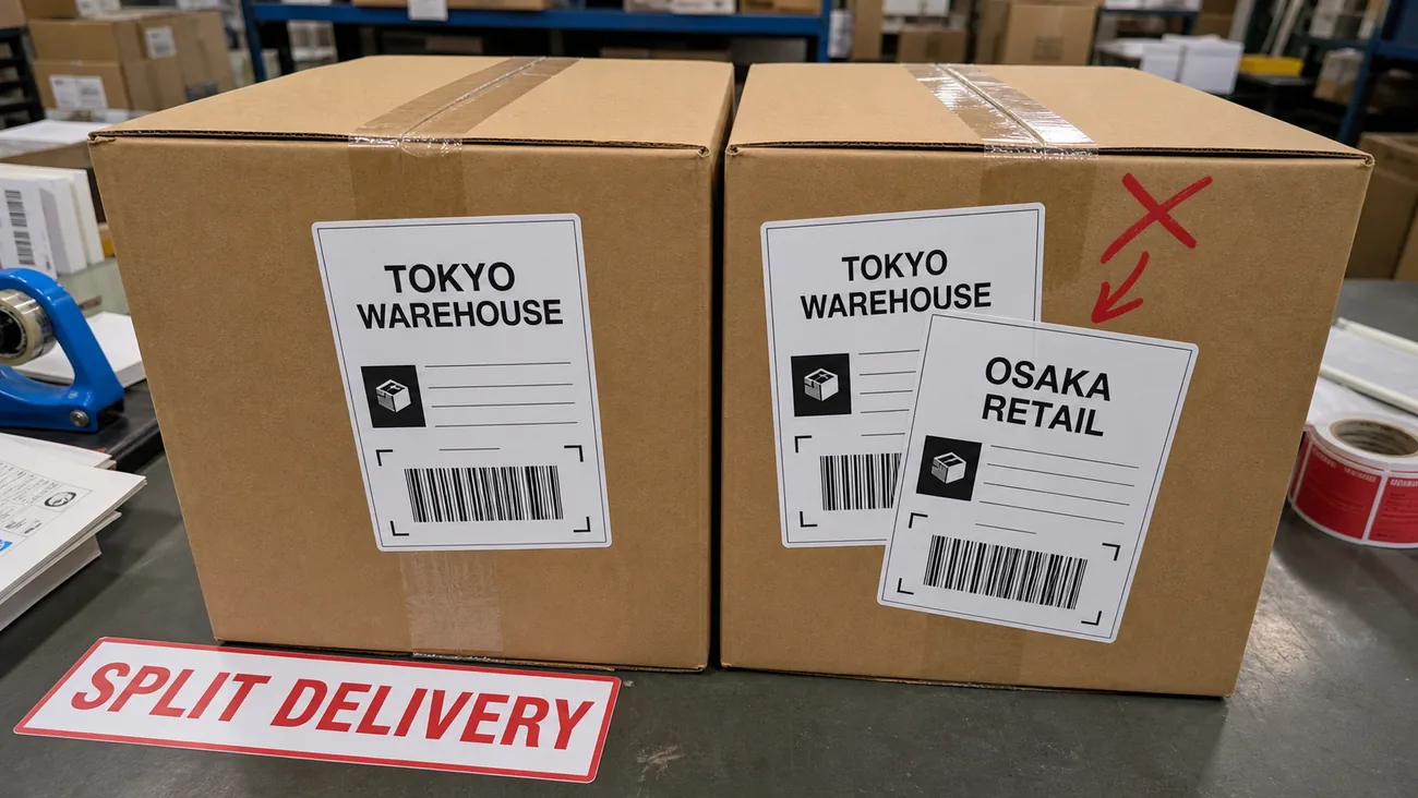 分納先ラベルが重なって貼られたぬいぐるみ出荷ラベルNG例