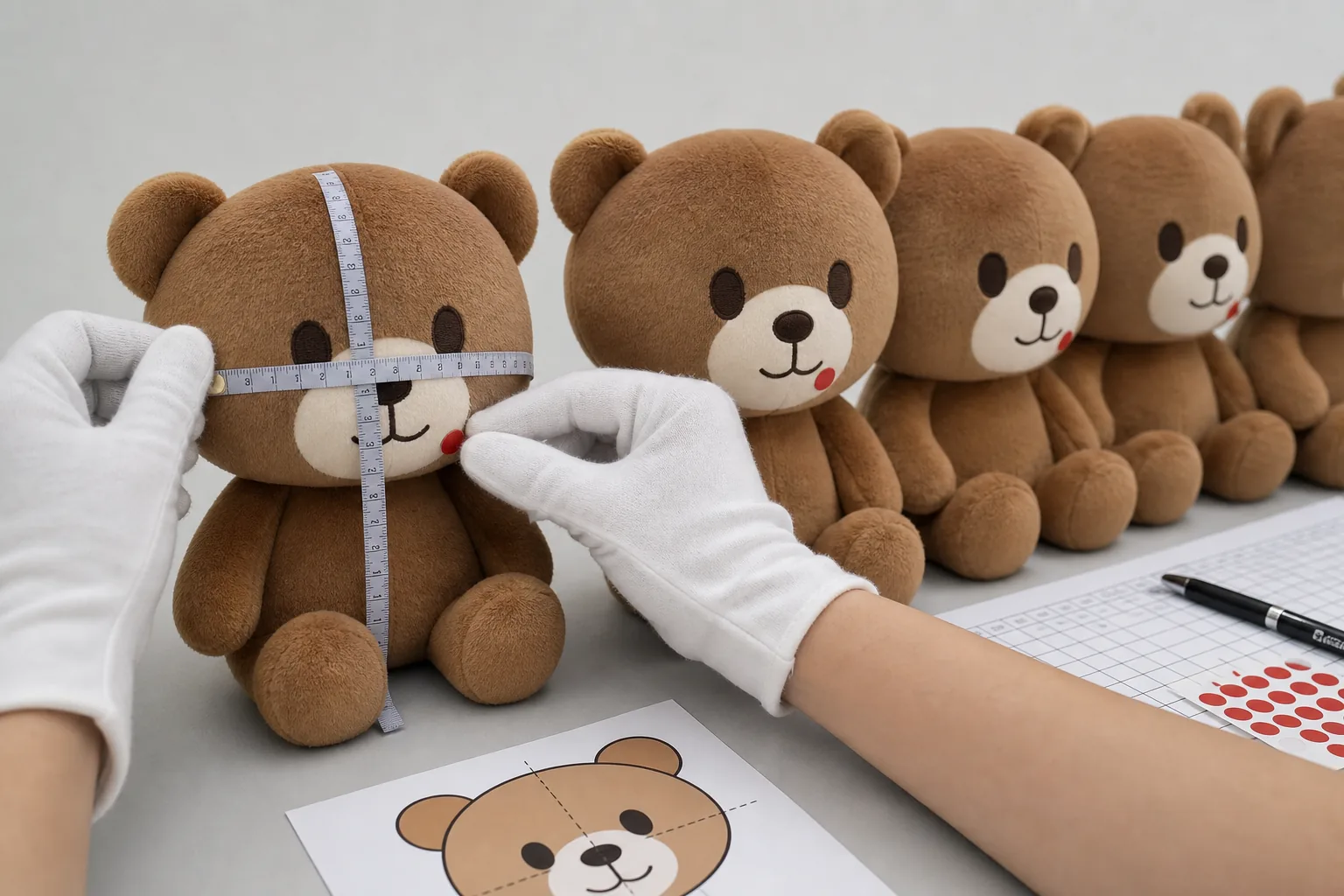 Inspector checking facial alignment and sewing on every custom plush unit