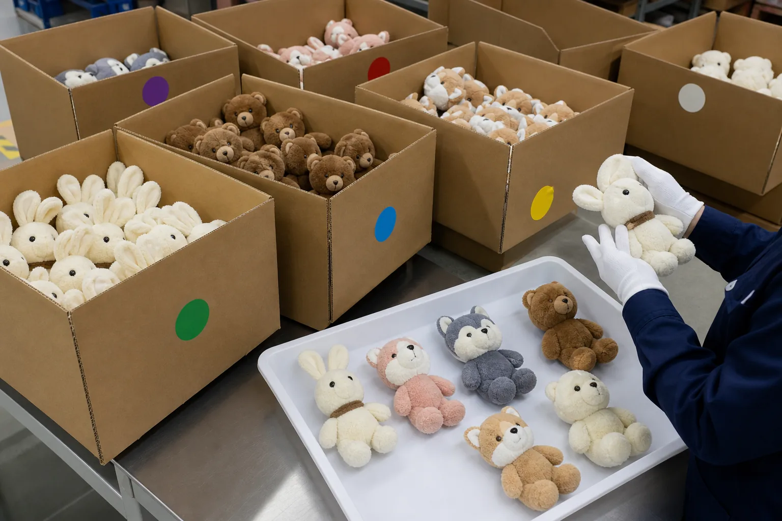 Inspector randomly selecting custom plush samples from multiple shipping cartons