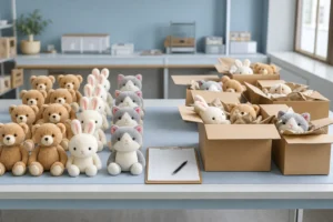 Custom plush toys arranged for 100 percent inspection and AQL random sampling