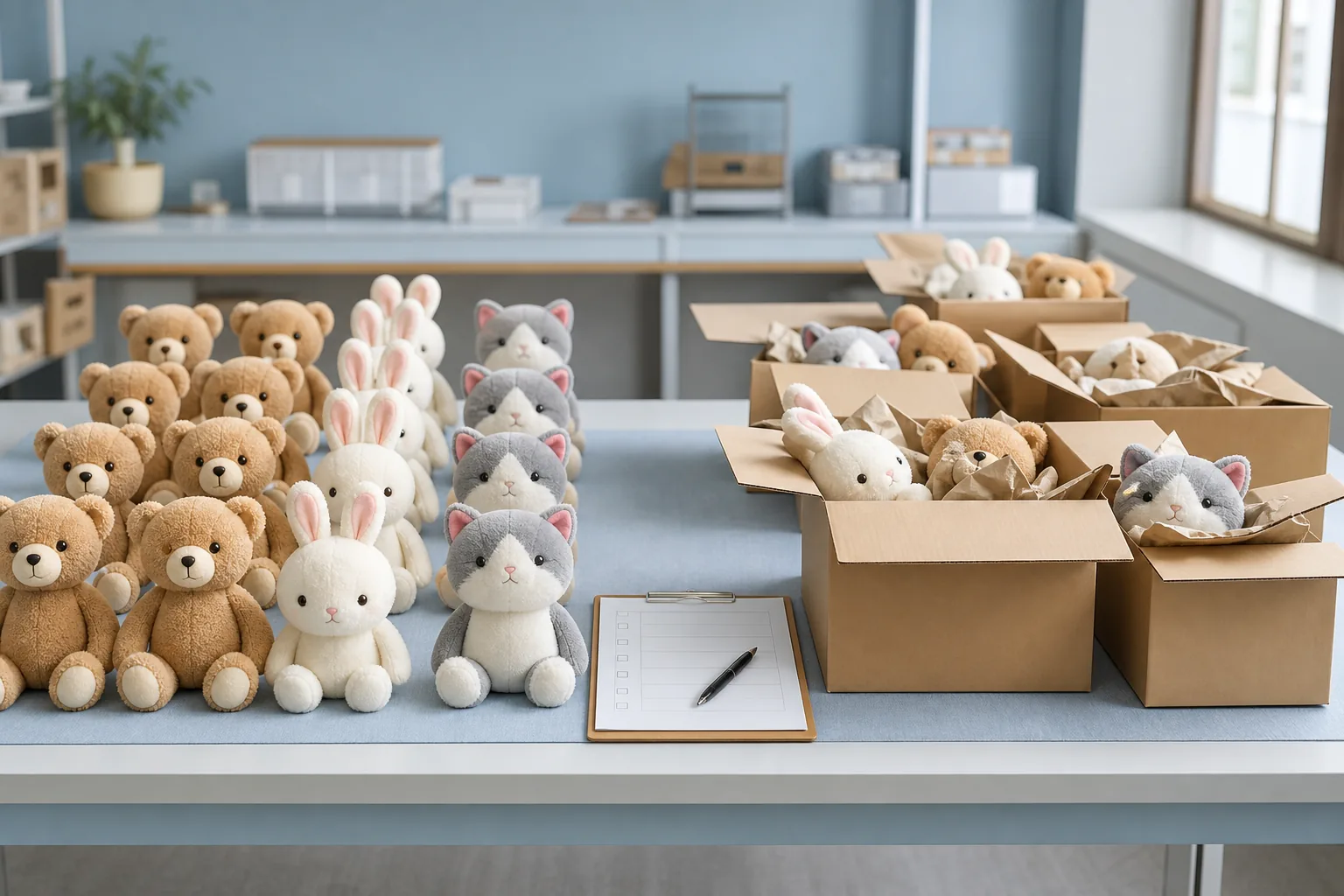 Custom plush toys arranged for 100 percent inspection and AQL random sampling