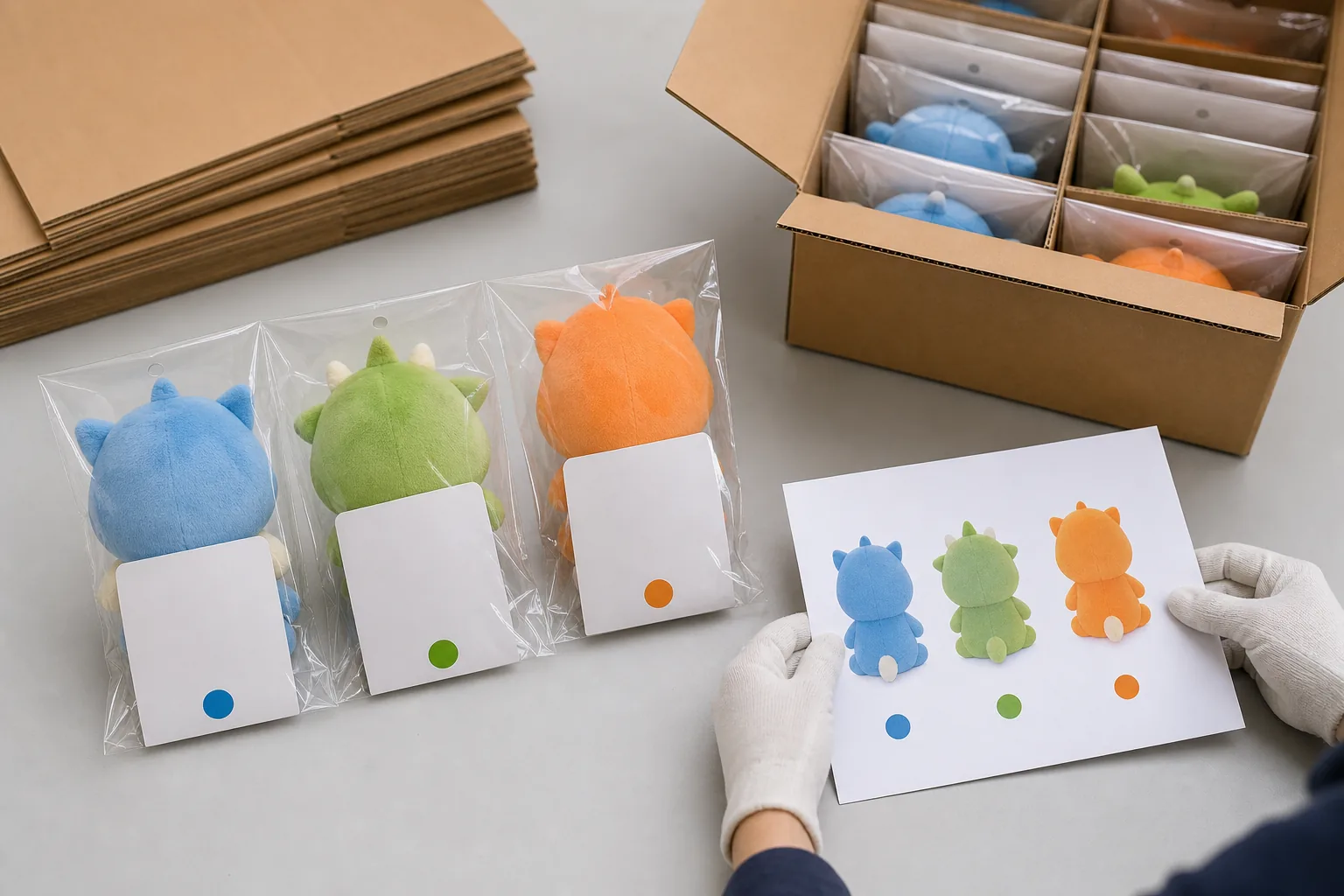 Custom plush packaging labels SKU assortment and carton quantity inspection