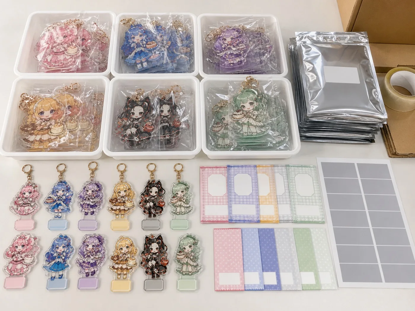 複数SKUのアクリルグッズを包装と仕分けで管理するイメージ