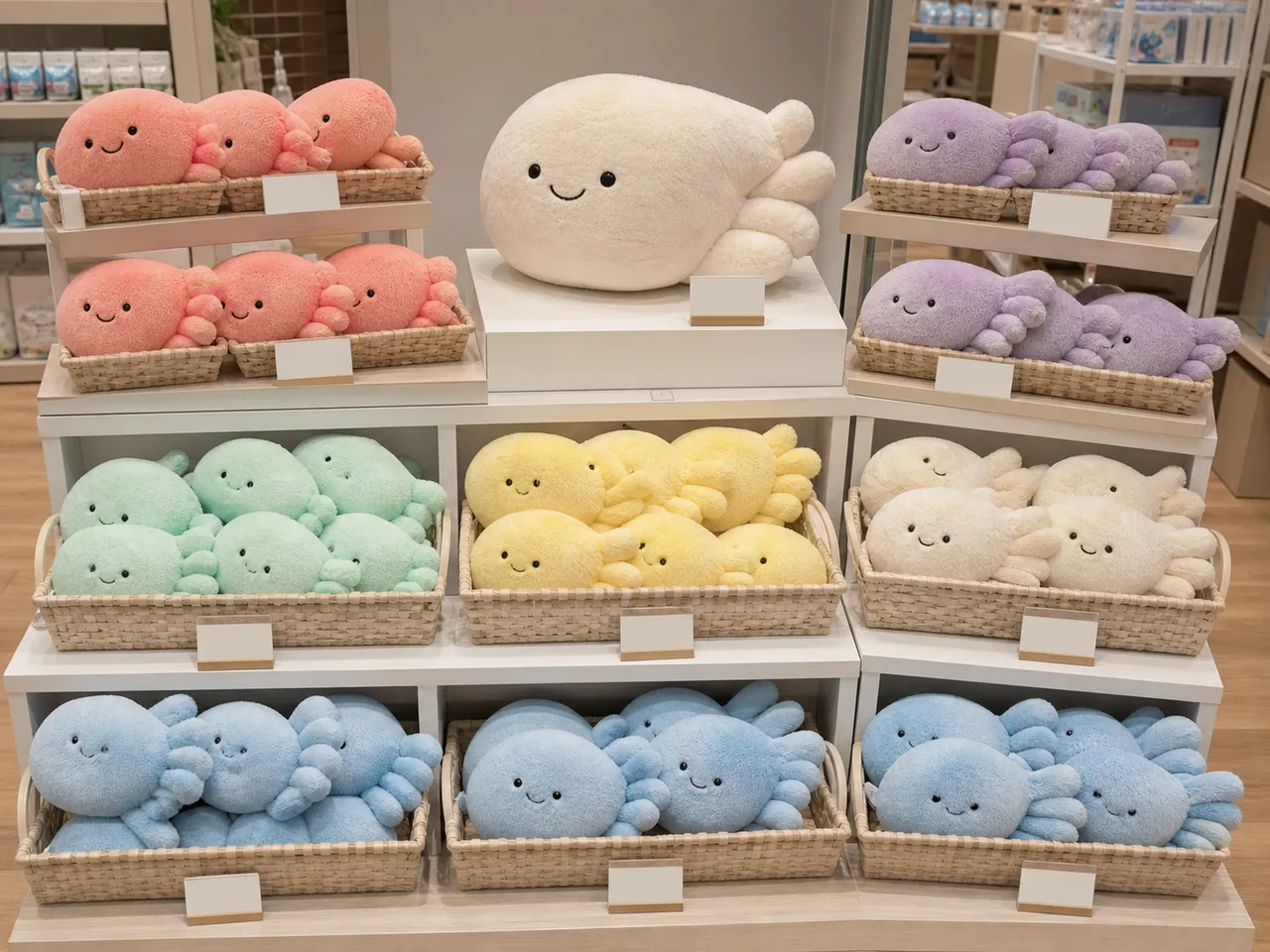 custom plush organized by SKU in shelf and basket display