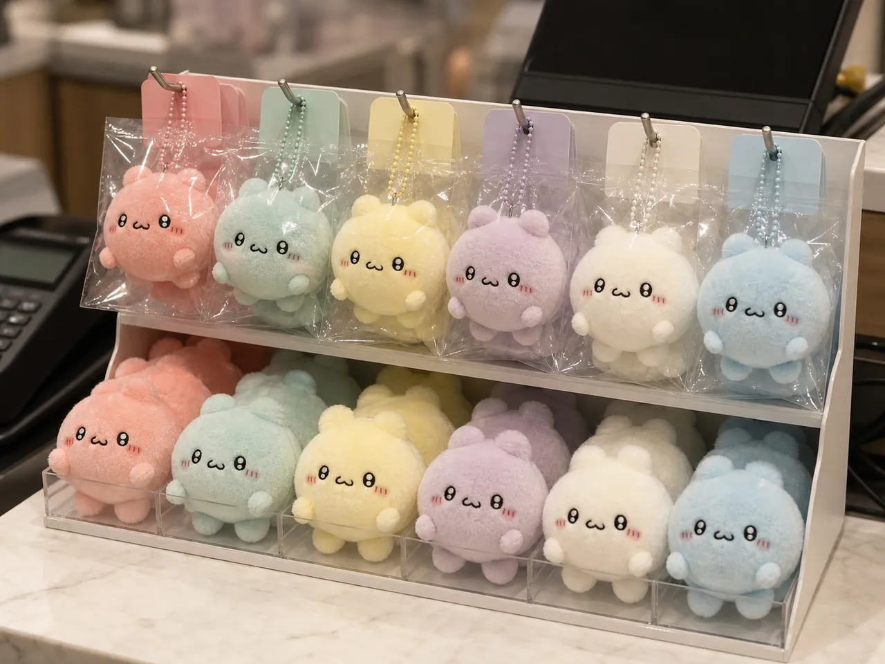 compact cashier-side display for color-coded custom plush SKUs