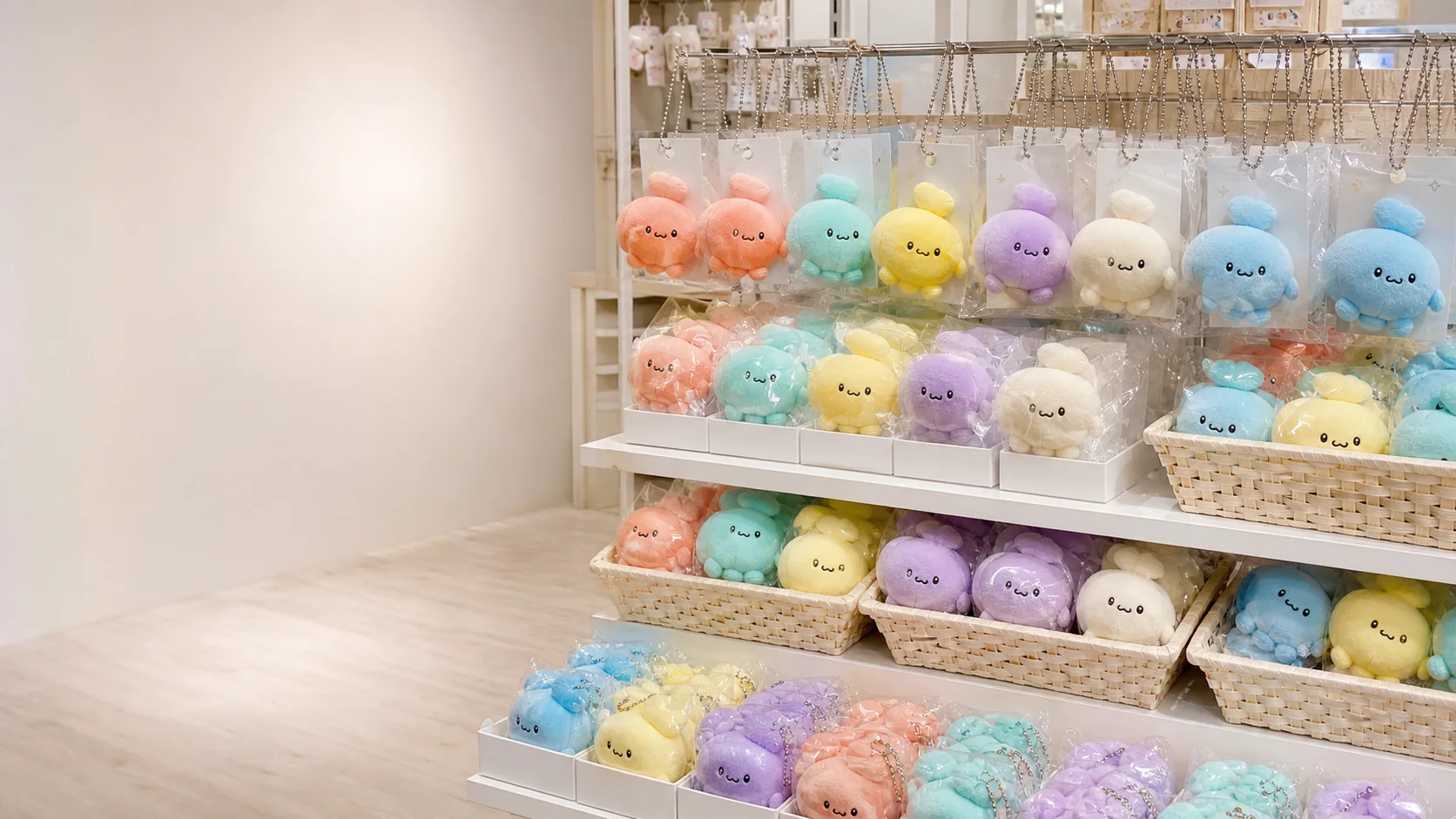 limited custom plush displayed on shelves hooks and baskets for a pop-up store