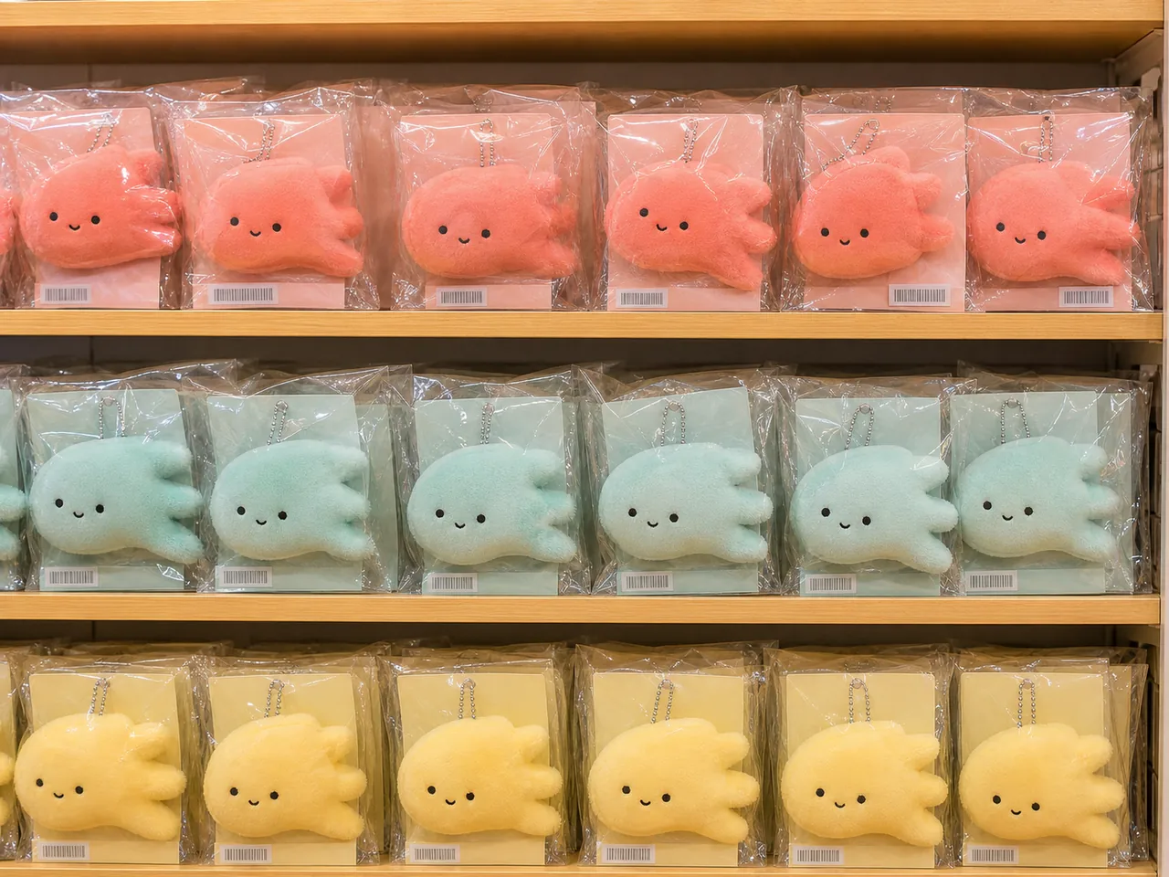 color-coded limited plush SKUs arranged on retail shelves