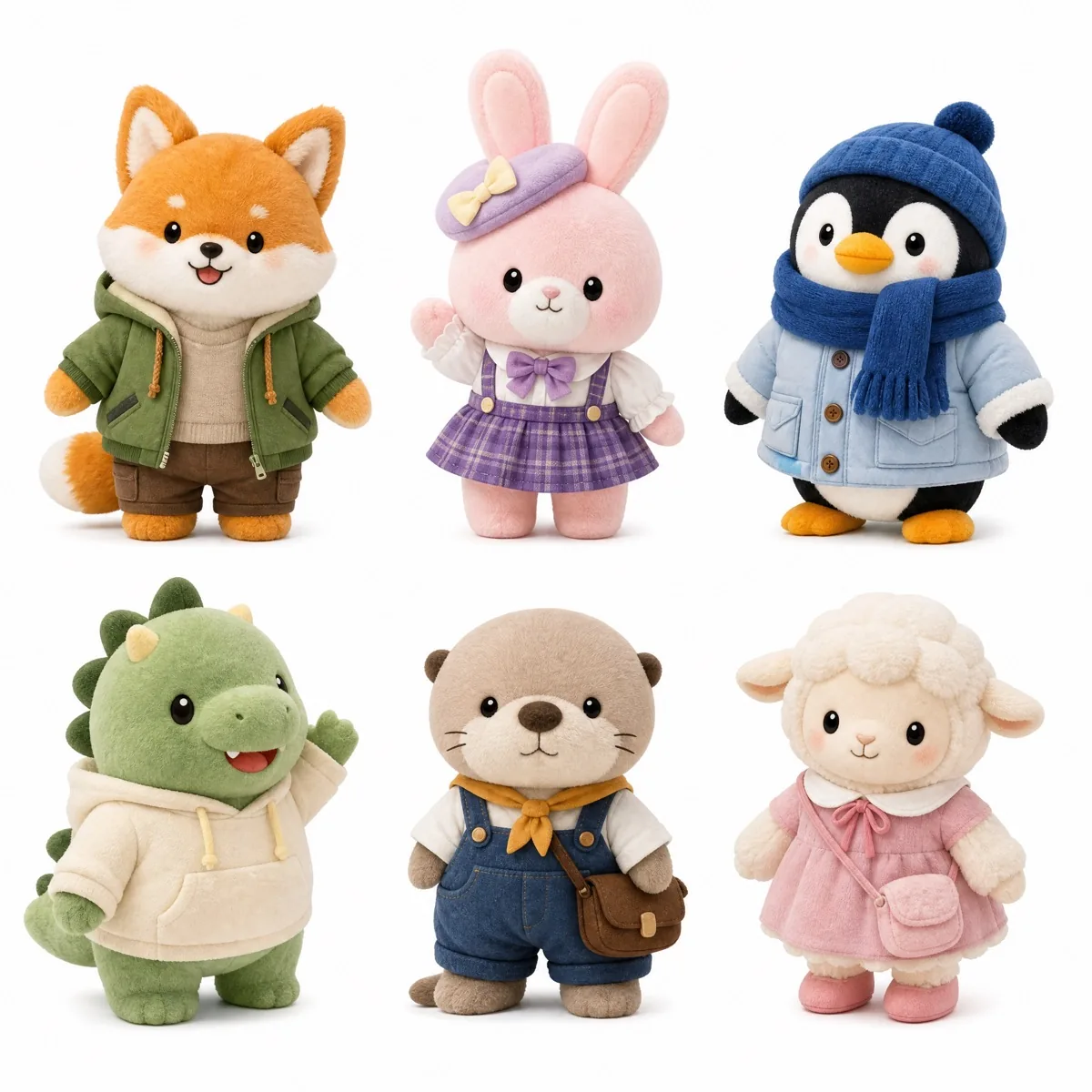 custom promotional plush lineup with standing animal plush samples for campaign giveaways