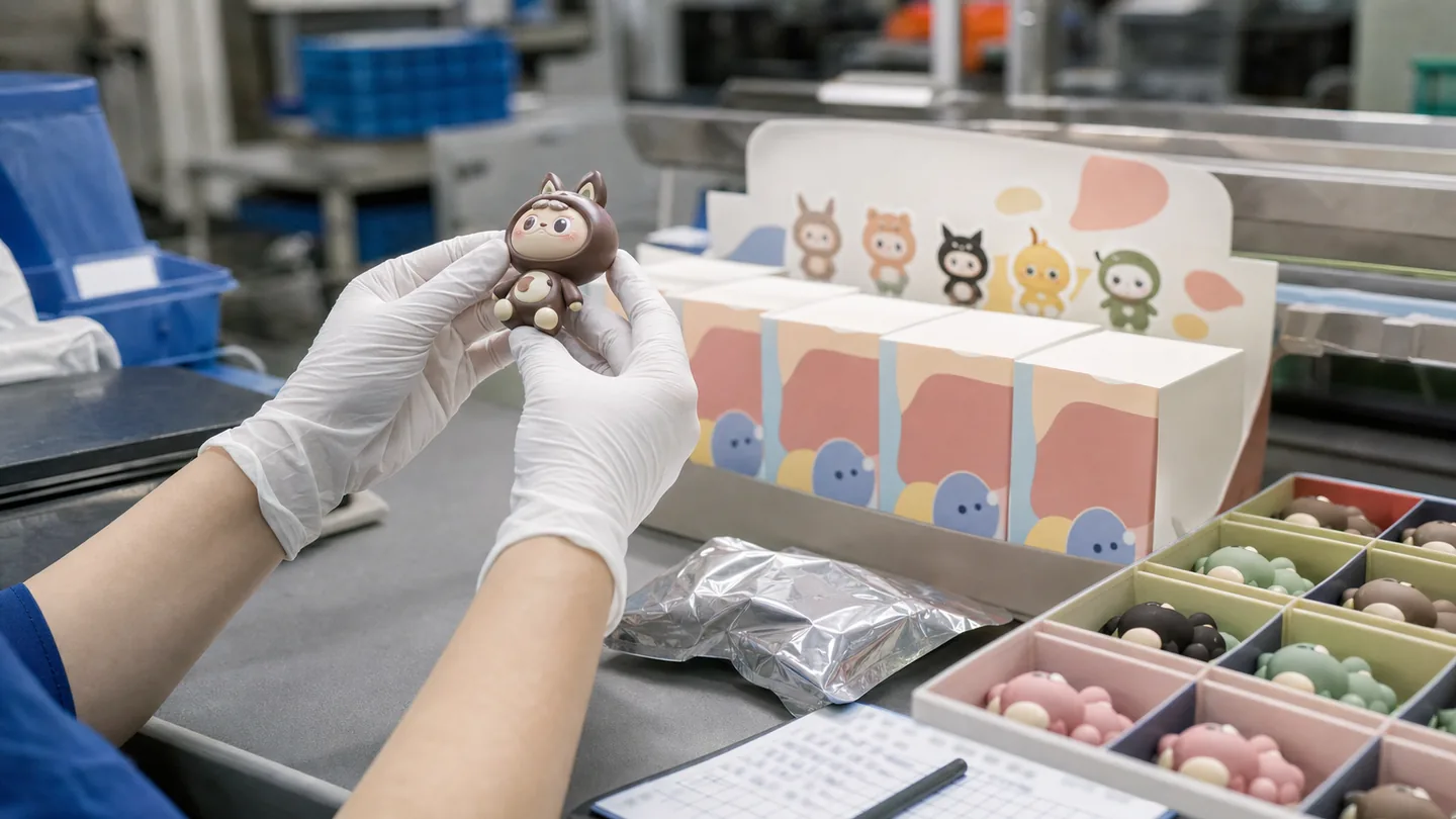 Gloved final inspection and SKU assortment packing for custom PVC blind box figures