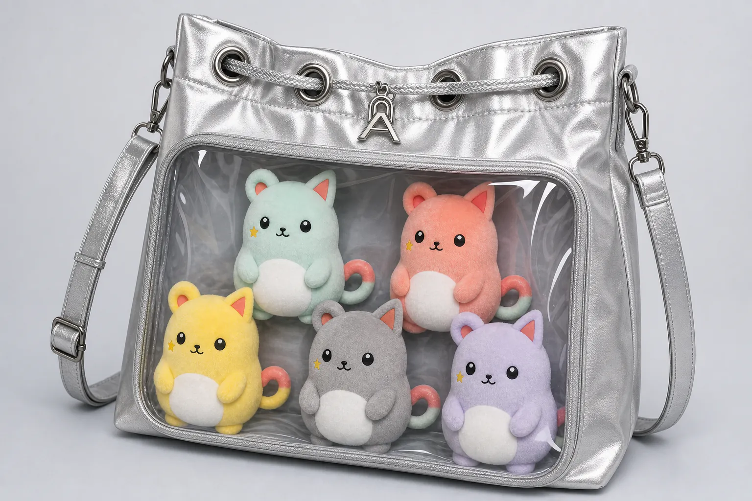 ぬいぐるみを見せて収納する透明窓付きシルバー痛バッグ