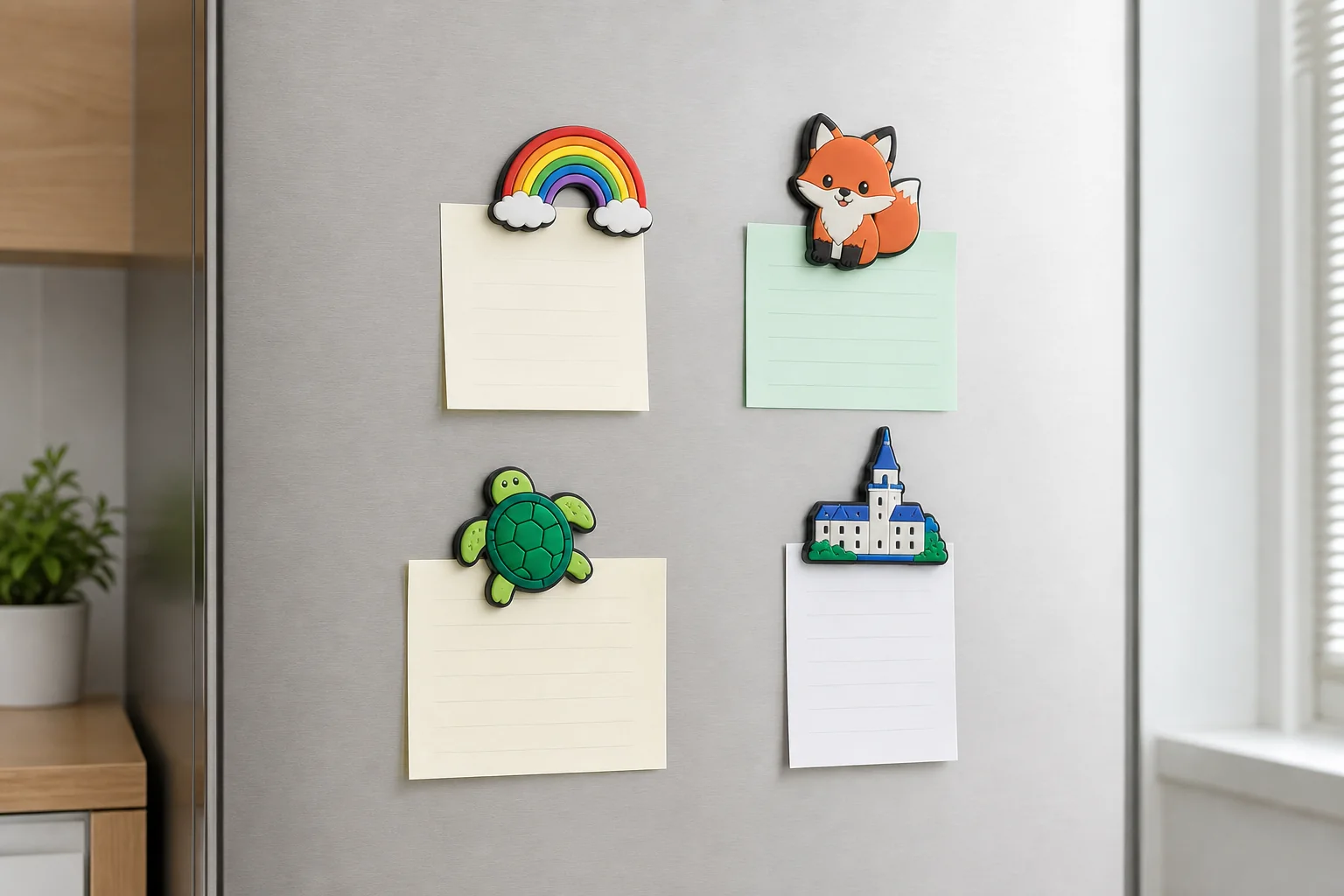 PVC fridge magnets holding memo notes on a refrigerator