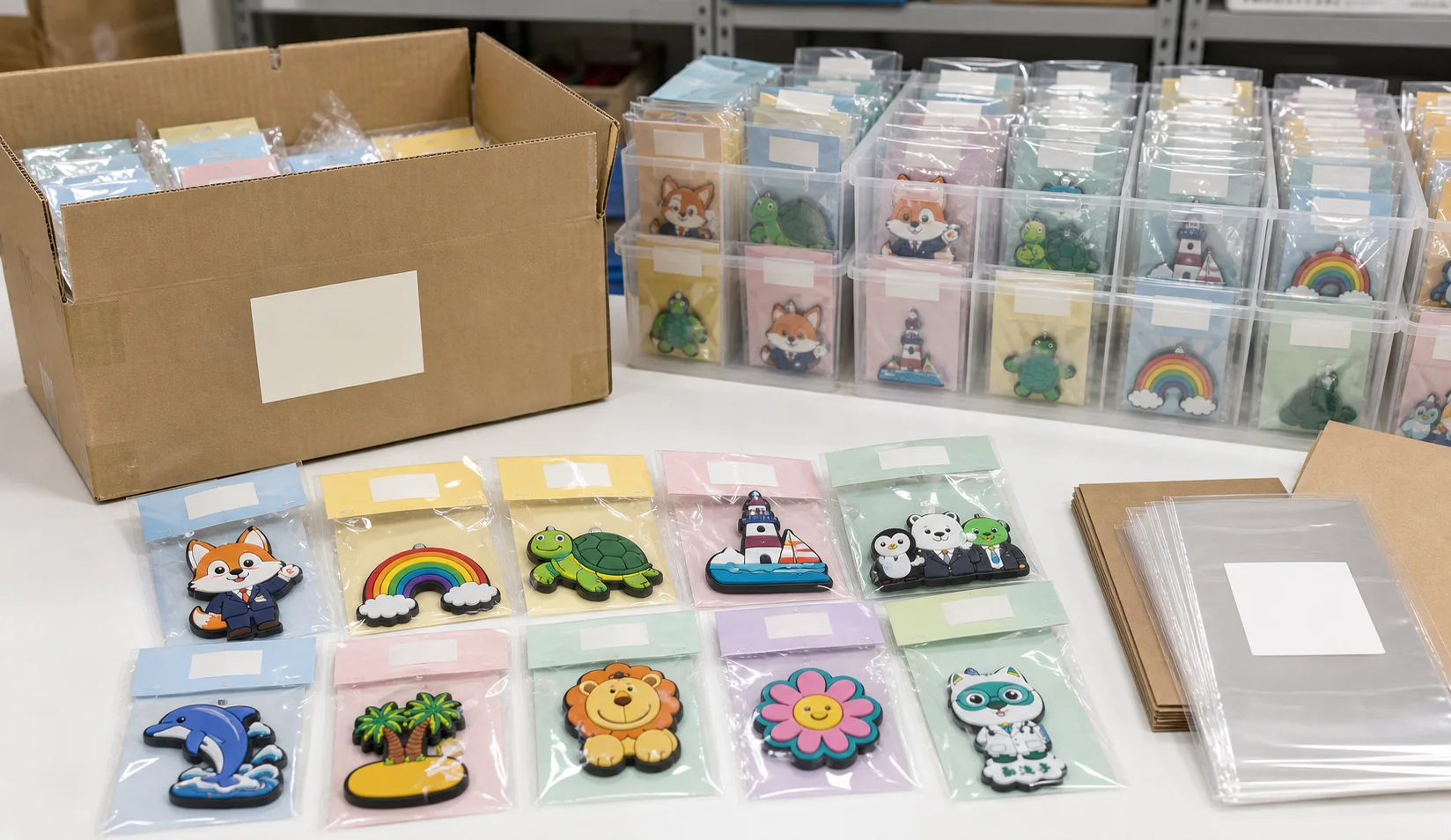 PVC magnet packaging with backing cards, OPP bags and SKU sorting