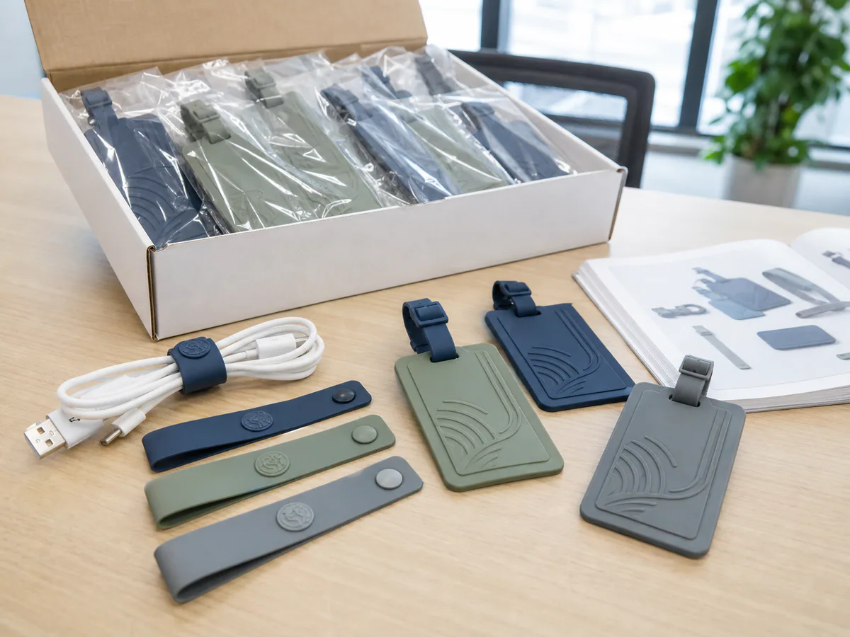 Molded PVC cable holders and luggage tags prepared as corporate promotional gifts