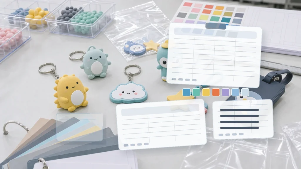 OEM review table with PVC goods quotation materials, size sheet, SKU table, and packaging samples