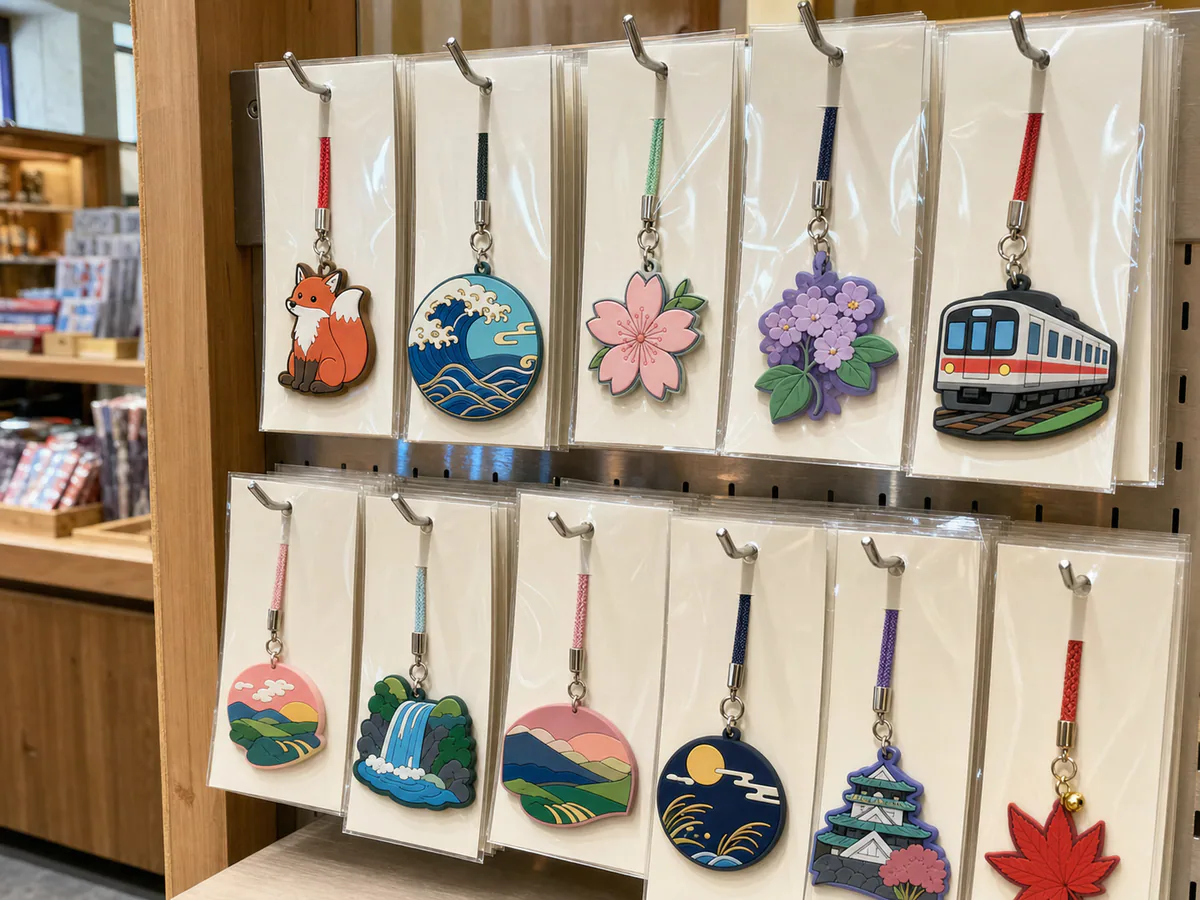 観光土産向けPVCストラップの店頭フック陳列と個包装