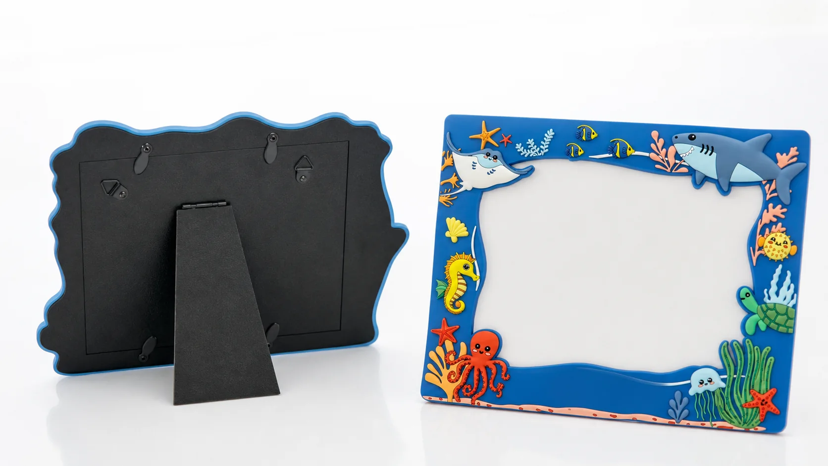 Back structure of a custom PVC photo frame with fiberboard backing and stand