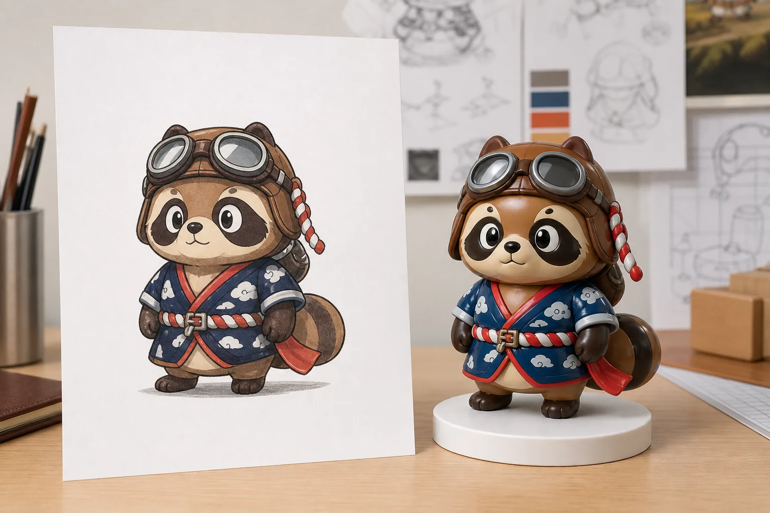 Comparison photo of design artwork and finished custom PVC sofubi figure sample