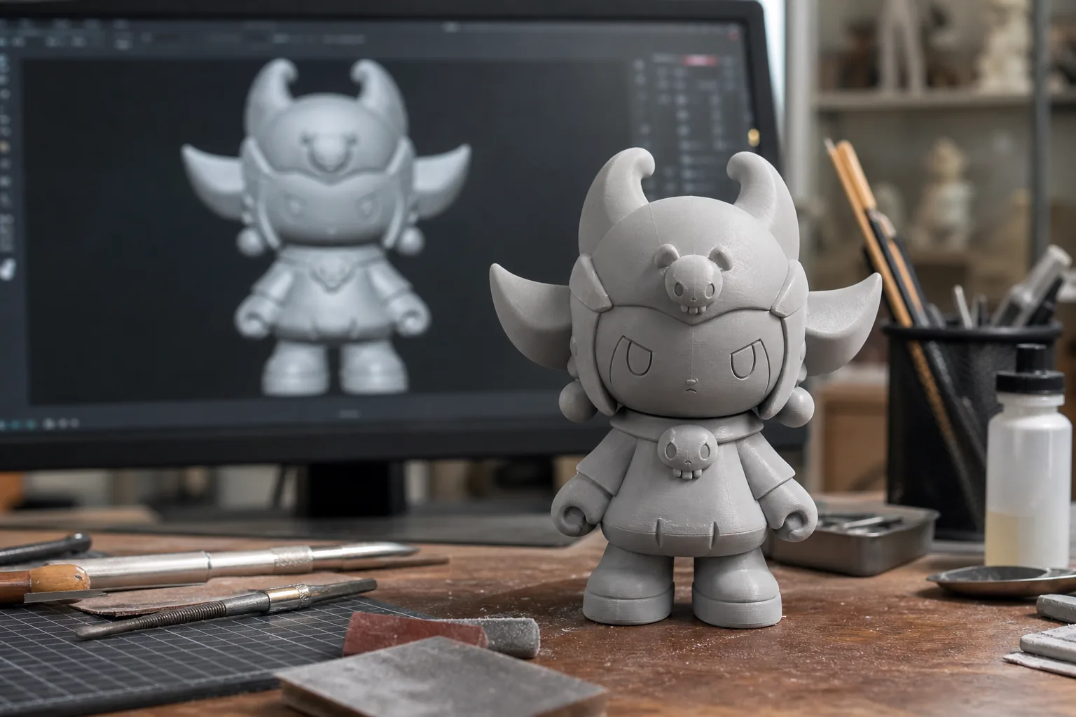 3D sculpt and resin prototype review photo for custom PVC sofubi figure manufacturing