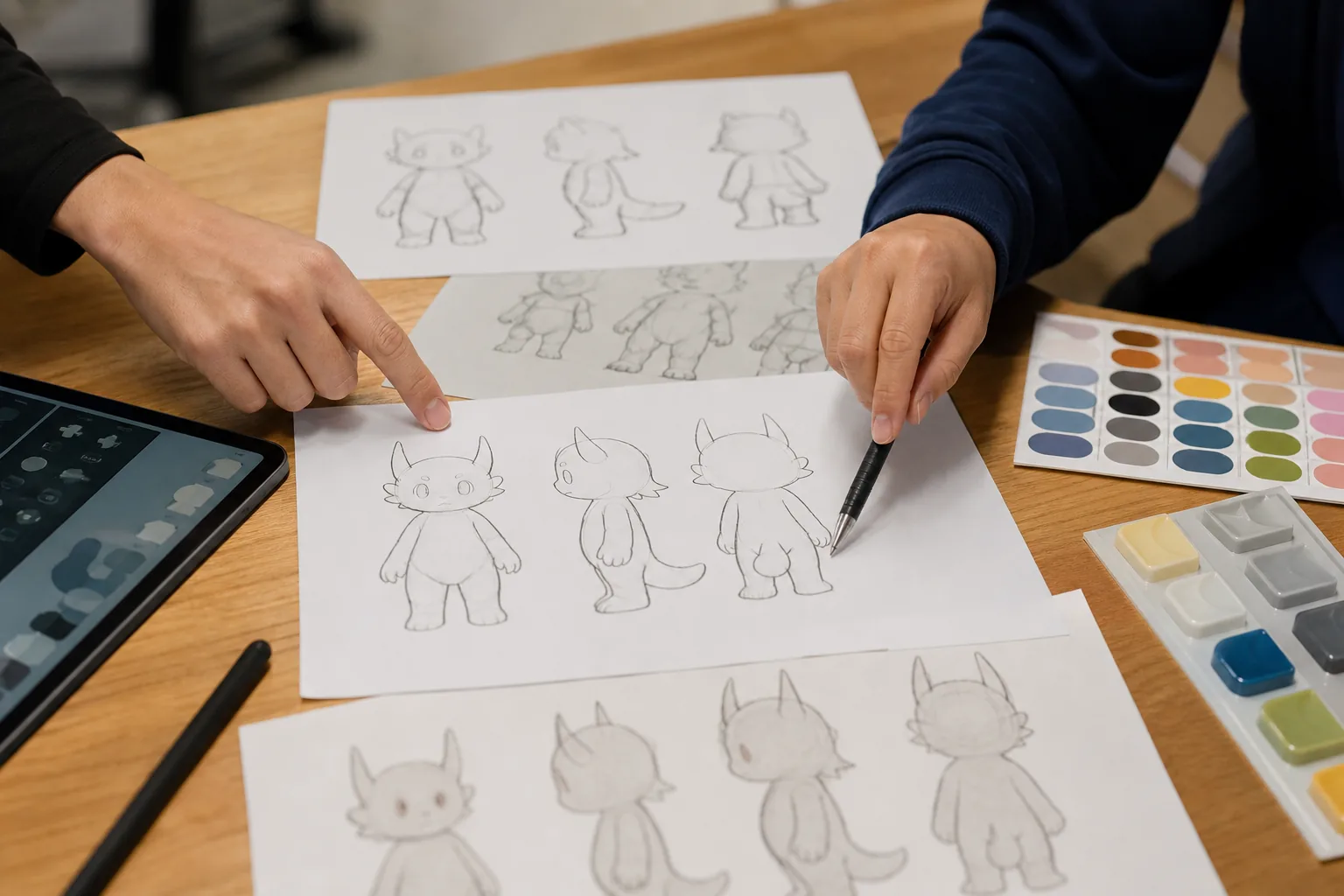 PVCソフビフィギュアOEMのデザイン原稿と三面図を確認する打ち合わせ写真