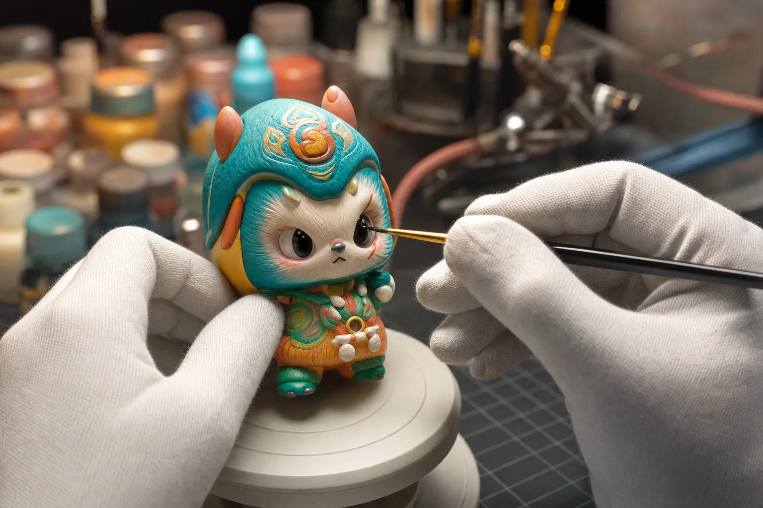 PVCソフビフィギュアの目と表情を手作業で彩色する工程写真