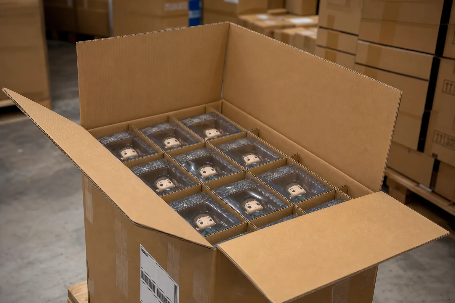 PVCソフビフィギュアをマスターカートンに梱包して出荷準備する写真