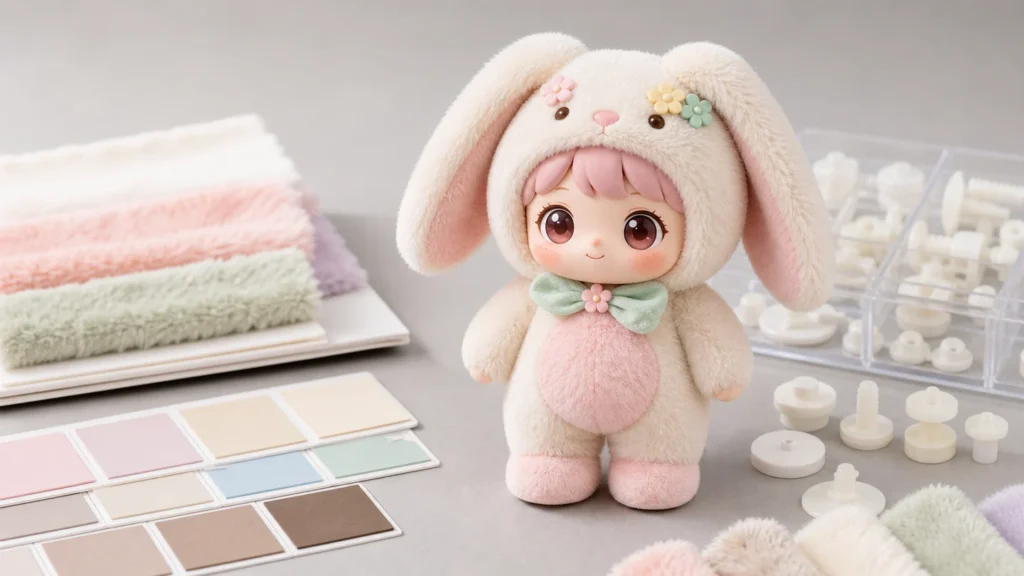 PVC sofubi face and plush body hybrid figure sample on an OEM sample table