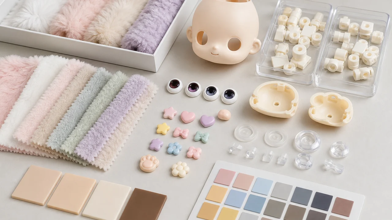 Material and process samples for PVC sofubi, PVC rubber, ABS parts, and plush fabrics.