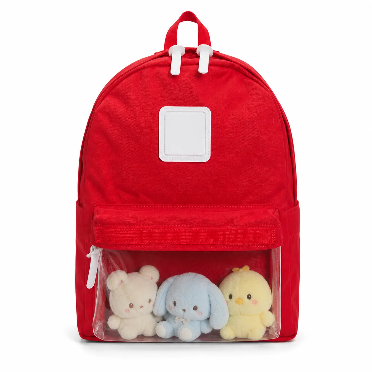 Red custom clear-window ita backpack sample Red custom clear-window ita backpack with small plush dolls in the display pocket