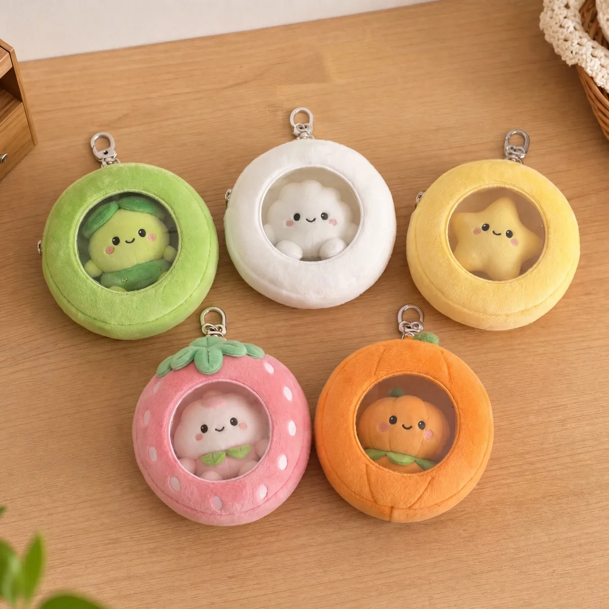 plush novelty pouch samples arranged for promotional packaging review